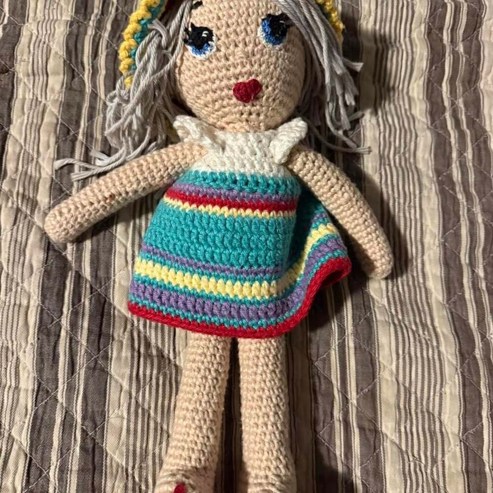 Handmade Crochet Doll With Multicolored Striped Dress And Yellow Hat